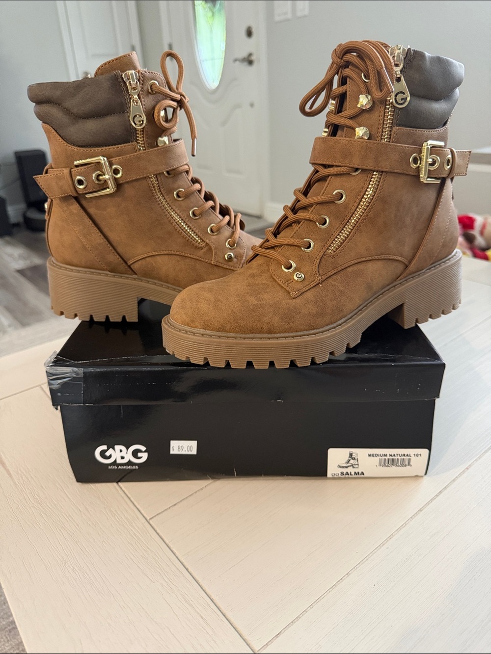 GBG Los Angeles Women’s Brown Lace-Up Lug Heel Combat Boots